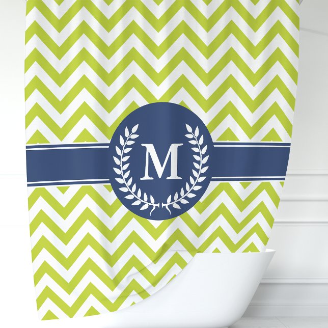 Green and Navy Blue Chevron Monogram Shower Curtain (Creator Uploaded)