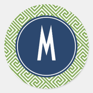 Green and Navy Blue Greek Key Pattern Monogram Classic Round Sticker