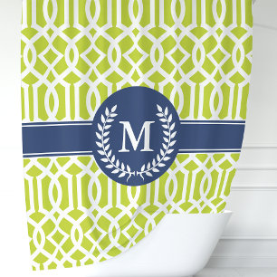 Green and Navy Blue Moroccan Trellis Monogram Shower Curtain