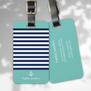 Green and Navy Blue Striped Nautical Pattern Luggage Tag