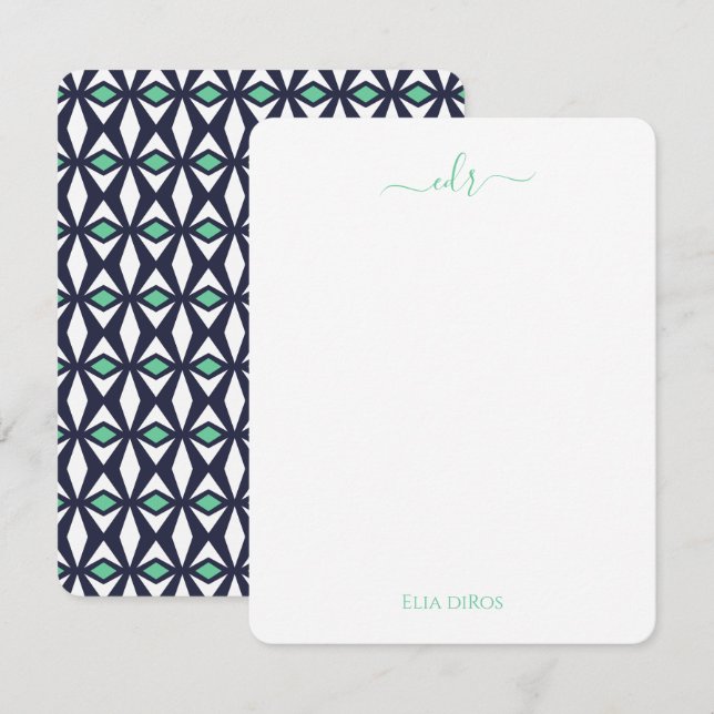 Green and Navy Diamond Monogram Note Card (Front/Back)