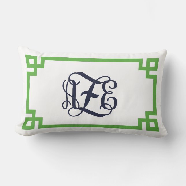Green and Navy Greek Key Script Monogram AZE Lumbar Cushion (Front)