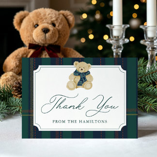 Green and Navy Plaid Teddy Bear Baby Shower Thank You Card