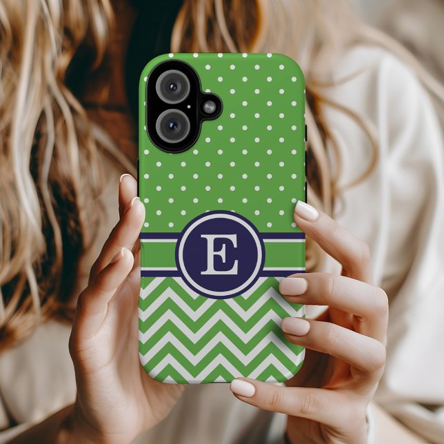 Green and Navy Preppy Chevron Dots Monogram Case-Mate iPhone Case (Creator Uploaded)