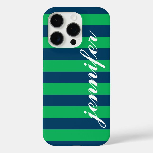 Green and Navy Stripes Custom Script Monogram Name Case-Mate iPhone Case (Back)