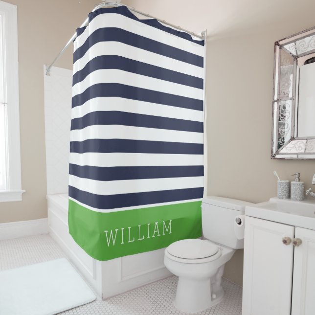 Green and Navy Stripes Monogram Shower Curtain (In Situ)