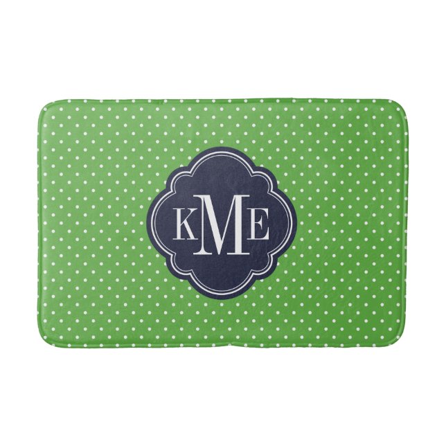 Green and Navy Tiny Dots Monogram Bath Mat (Front)