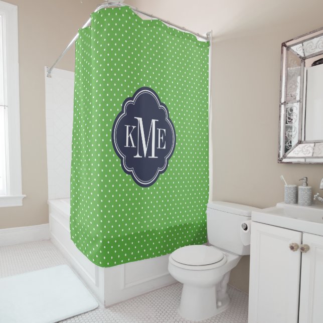 Green and Navy Tiny Dots Monogram Shower Curtain (In Situ)