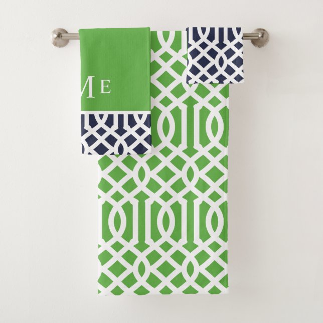 Green and Navy Trellis Monogram Bath Towel Set (Insitu)