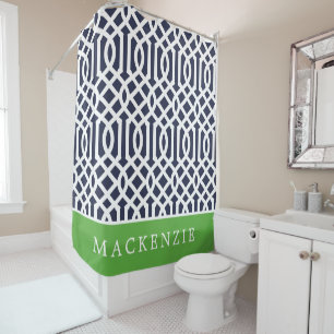 Green and Navy Trellis Monogram Shower Curtain