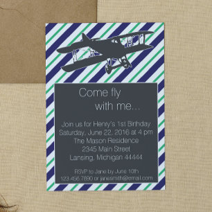 Green and Navy Vintage Aeroplane Birthday Invite