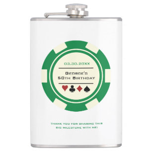 Green and Off-White Casino Poker Chip Birthday Hip Flask