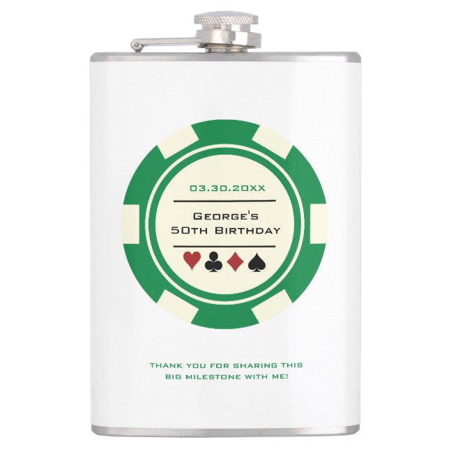 Green and Off-White Casino Poker Chip Birthday Hip Flask (Front)