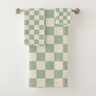 Green and Off White Chequerboard Bath Towel Set