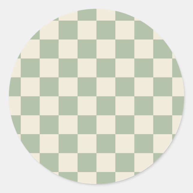 Green and Off White Chequerboard Classic Round Sticker (Front)