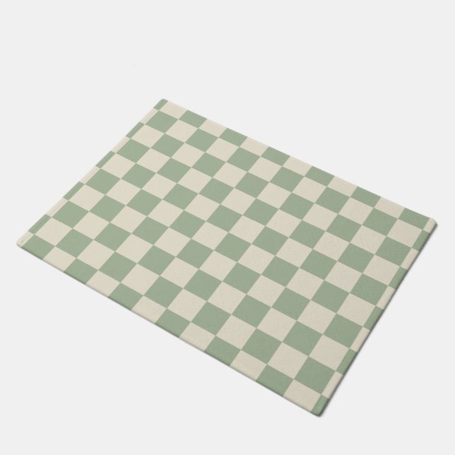 Green and Off White Chequerboard Doormat (Angled)