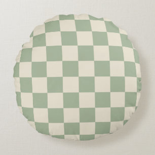Green and Off White Chequerboard Round Cushion