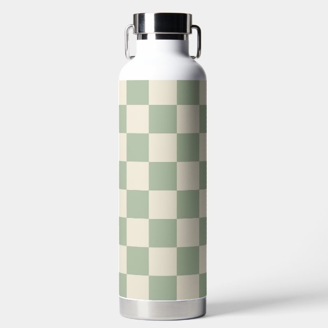 Green and Off White Chequerboard Water Bottle (Front)