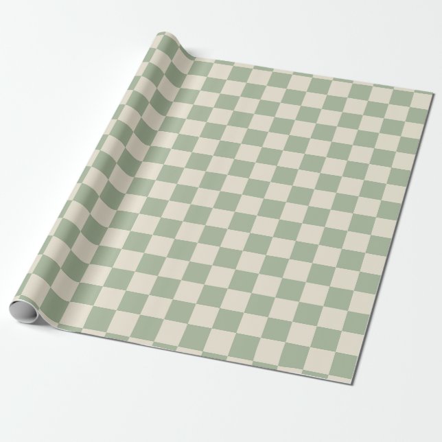 Green and Off White Chequerboard Wrapping Paper (Unrolled)