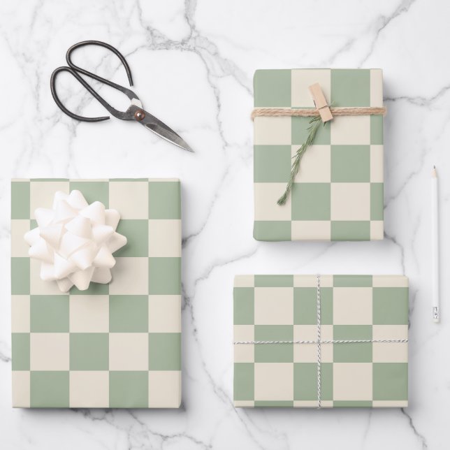 Green and Off White Chequerboard Wrapping Paper Sheet (Front)