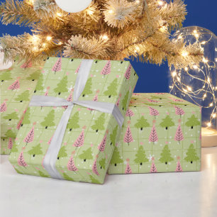 Green and Off White Christmas Trees Pink Christmas Wrapping Paper