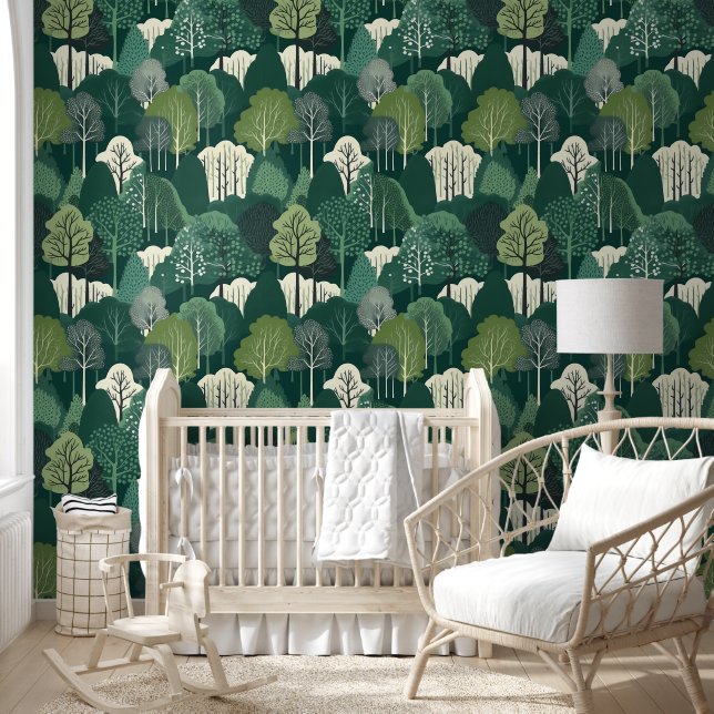 Green and Off White Forest Removable Wallpaper (Kids)