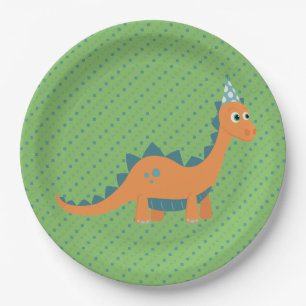 Green and orange cartoon dinosaur animal paper plate