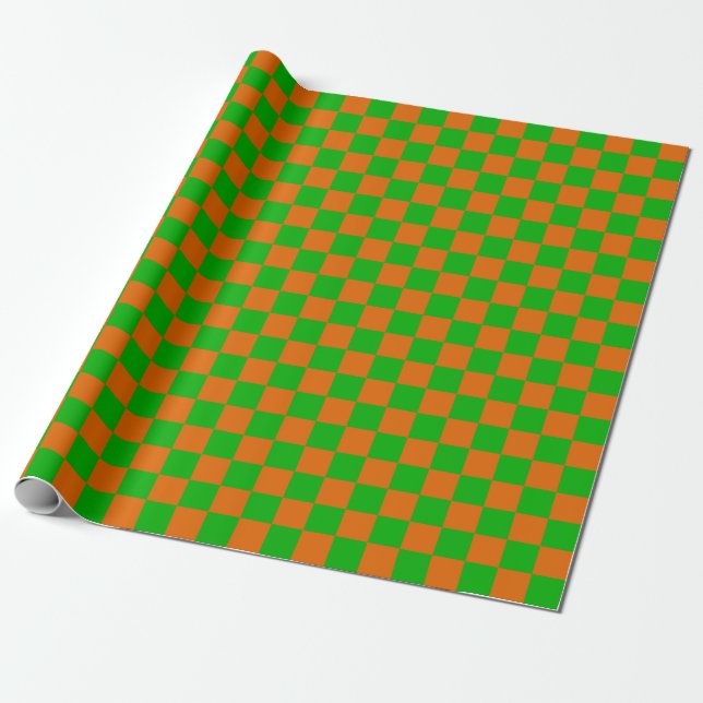 Green and Orange Chequerboard Pattern Wrapping Paper (Unrolled)