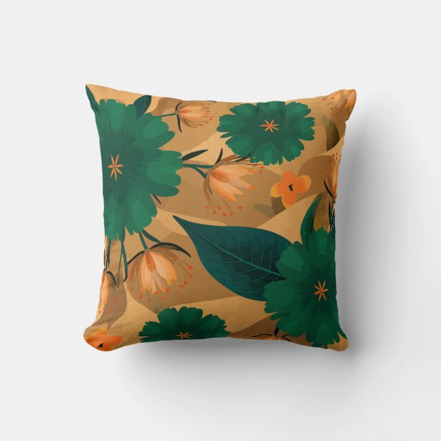 Green and orange Florals with golden background Cushion (Front)