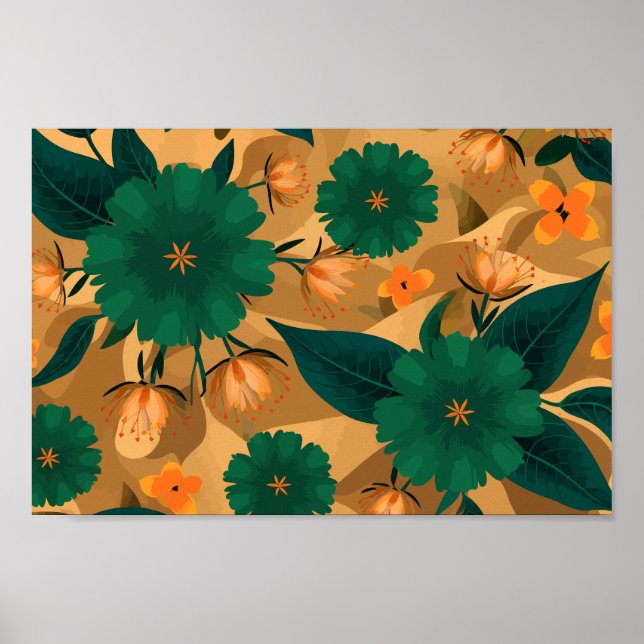 Green and orange Florals with golden background Poster (Front)