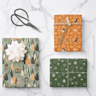Green and Orange Fun Christmas Forest Village Wrapping Paper Sheet