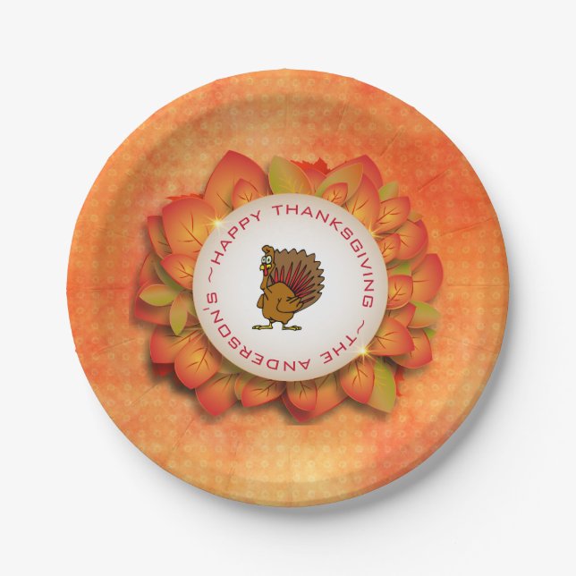 Green And Orange Leaves And Turkey Paper Plate (Front)
