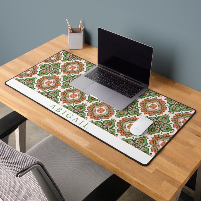 Green and orange Mediterranean tile pattern      Desk Mat (Office 2)