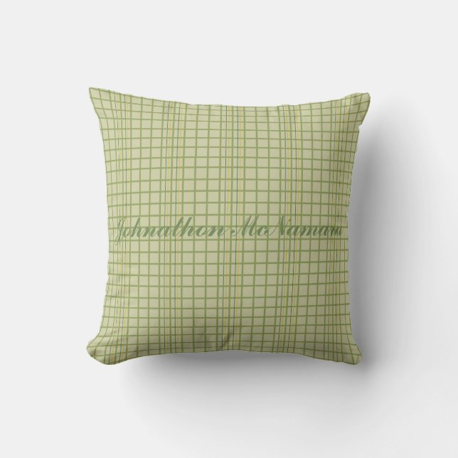 Green and orange plaid pattern with name cushion (Front)