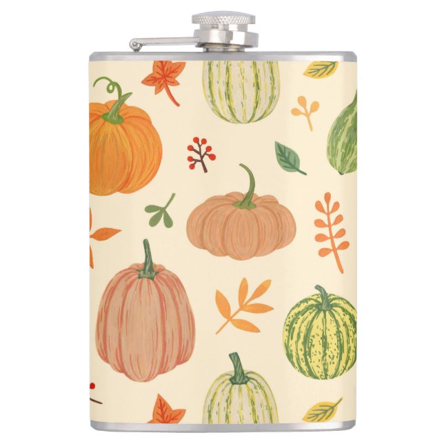 Green and orange pumpkins, seamless pattern. hip flask (Front)