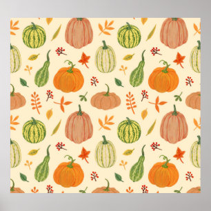 Green and orange pumpkins, seamless pattern. poster
