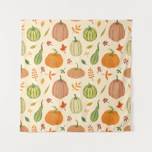 Green and orange pumpkins, seamless pattern. tapestry (Front)