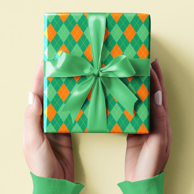 Green and Orange Small Argyle St Patrick's Day Wrapping Paper (Irish Small Argyle Pattern: Green and Orange Diamonds and Yellow Dotted Lines for St. Patrick's Day)