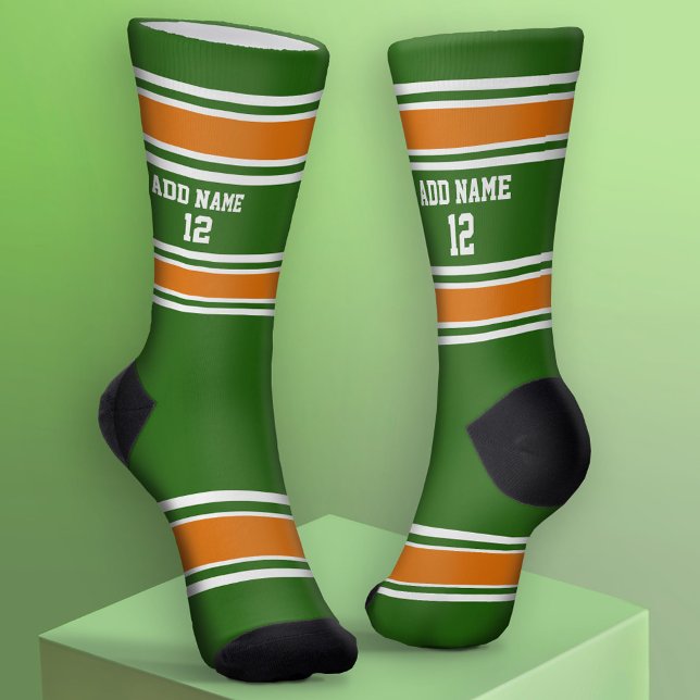 Green and Orange Sport Jersey - Name Number Socks (Custom Sport Socks - Add Jersey Name and Number)