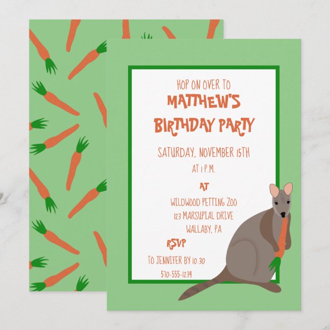 Green and Orange Wallaby Eating a Carrot Birthday Invitation (Front/Back)