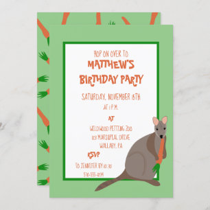Green and Orange Wallaby Eating a Carrot Birthday Invitation