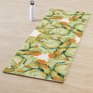 Green and Orange Watercolor Roses Floral Yoga Mat