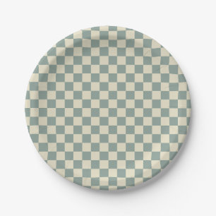 Green and Pale Yellow Chequerboard Paper Plate