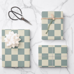 Green and Pale Yellow Chequerboard Wrapping Paper Sheet