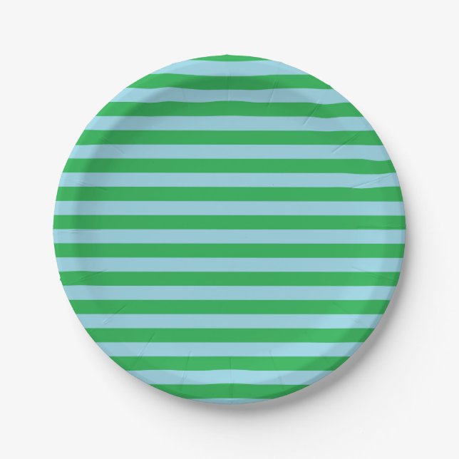 Green and Pastel Blue Stripes Paper Plate (Front)