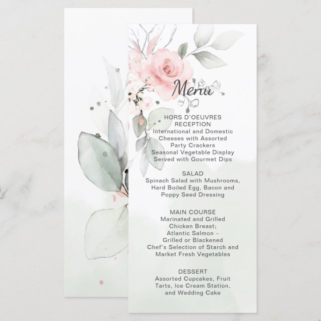 Green and Pastel Pink Roses Wedding Menu (Front/Back)