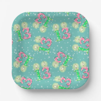 Green and Pink 13th Birthday Paper Plate