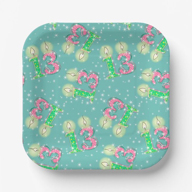 Green and Pink 13th Birthday Paper Plate (Front)