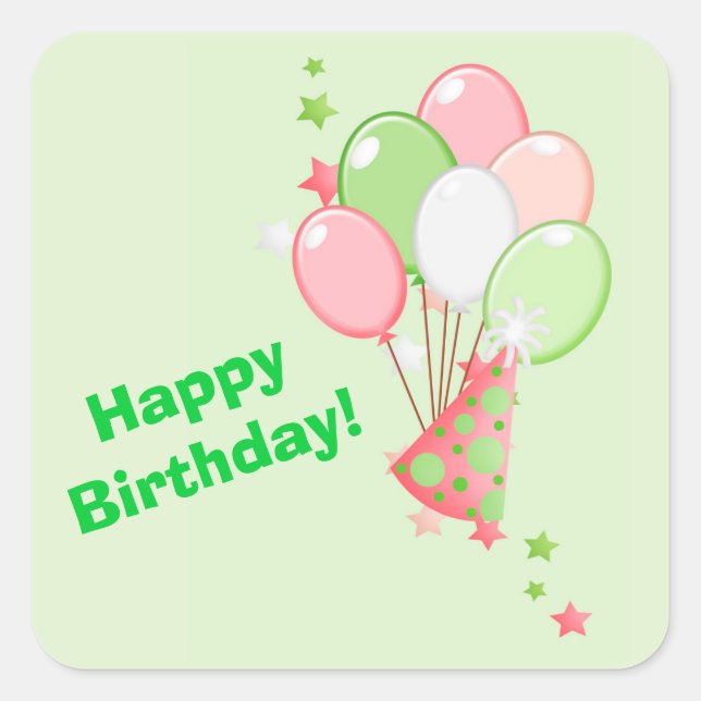 Green and Pink Birthday Balloons Square Sticker (Front)