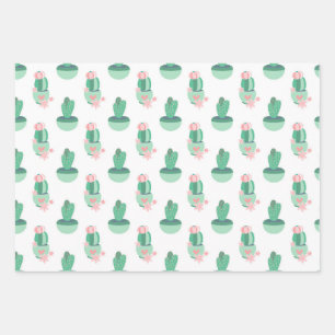 Green and Pink Cactus on White Wrapping Paper Sheet